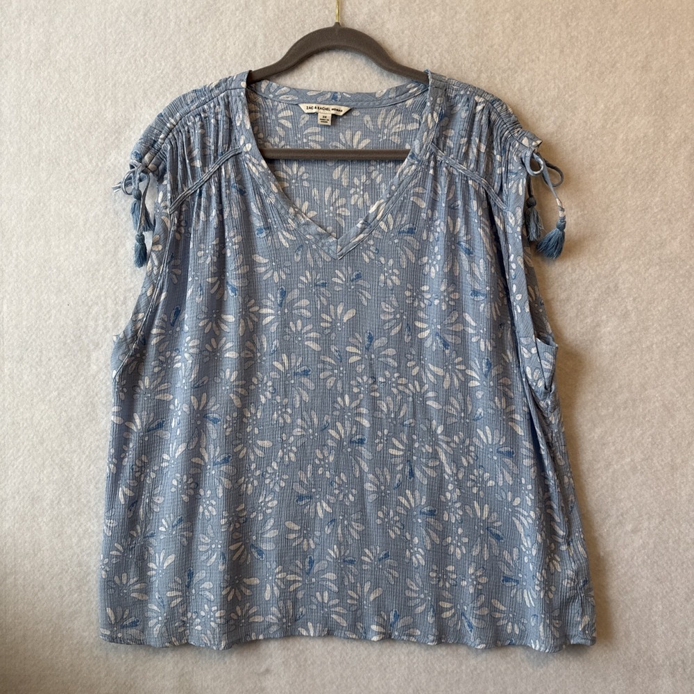 Zac & Rachel Blue Floral Crinkle Cap Tie Sleeve Top Women's 3X Coastal Cottage